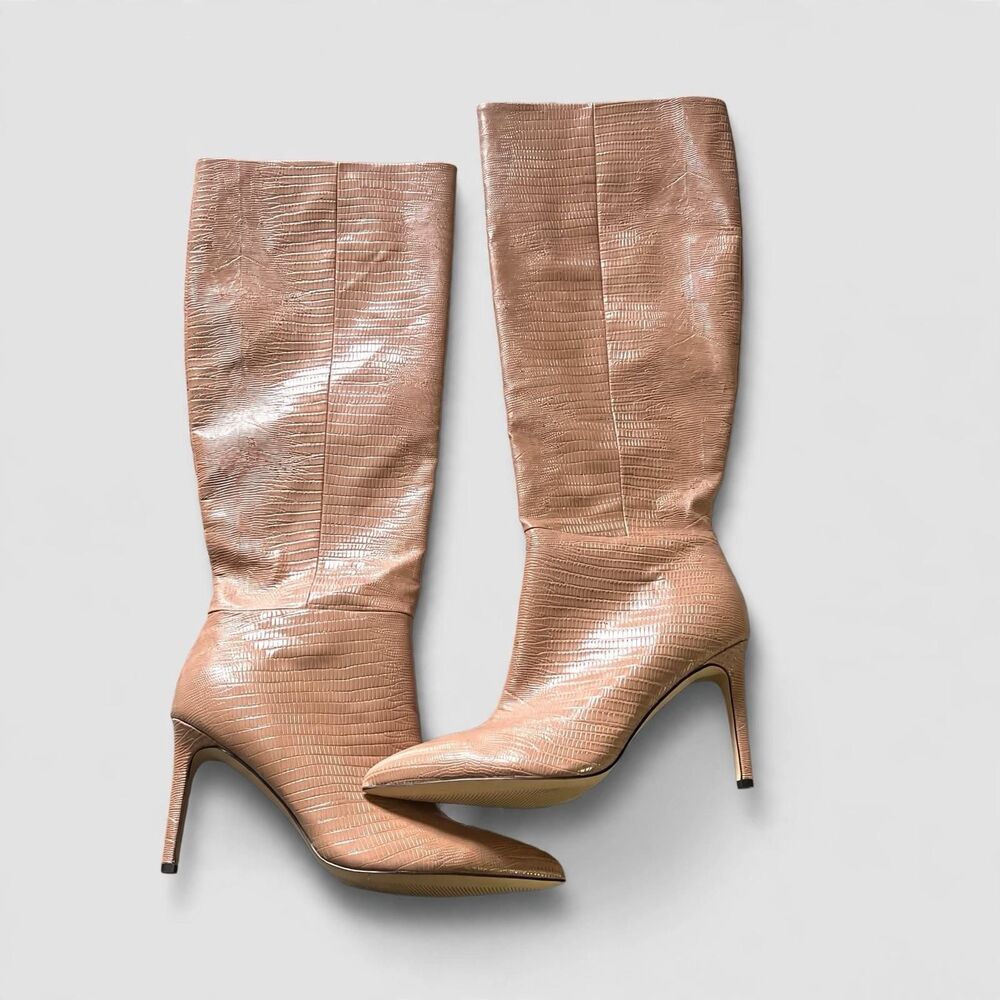 NWOT Nine West The Richy Natural Tan Lizard Leather Knee High Heeled Boots sz 9